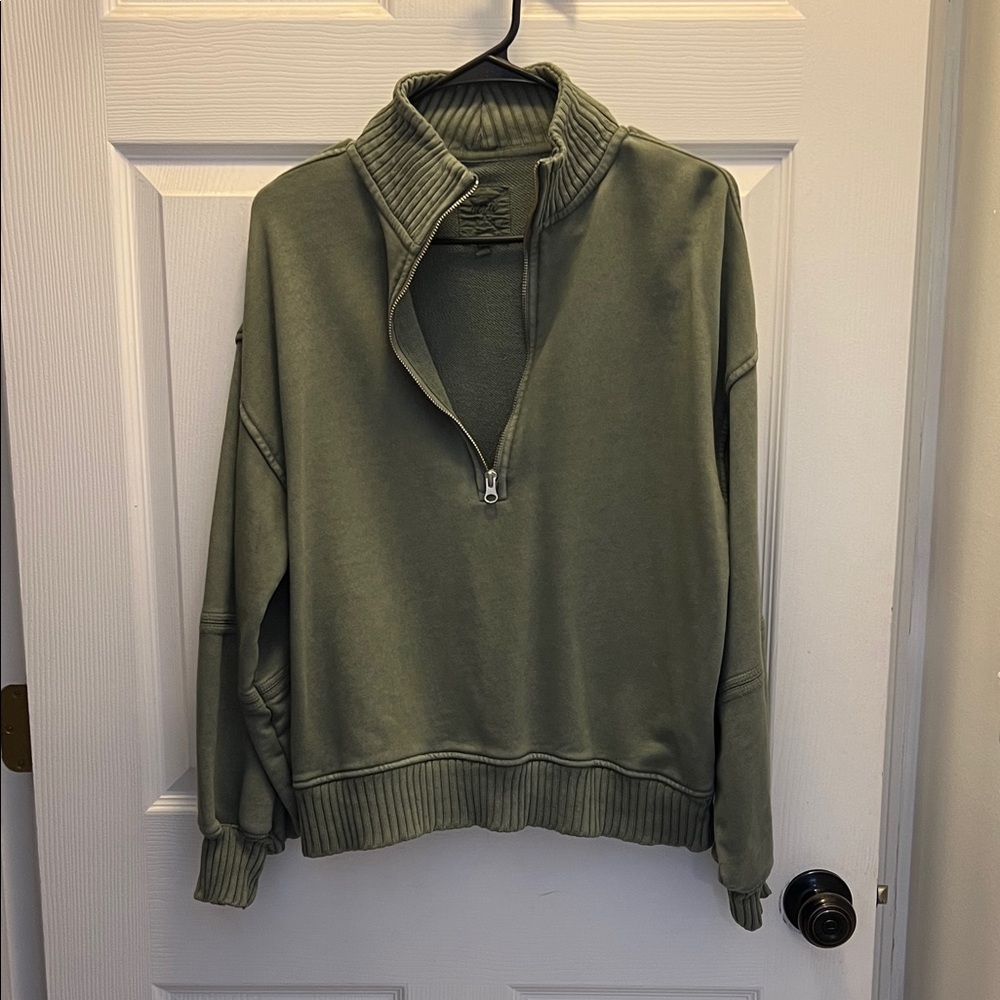aerie Olive Green Quarter-Zip Turtleneck Sweater